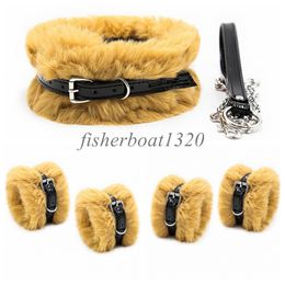 Bondage Fluffy Fur Handcuffs Foot Cuffs Neck Collar Traction Rope Restraint Bundle Binding Tools #54