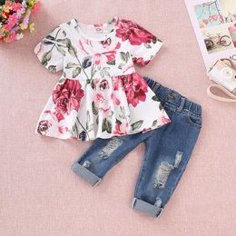 Clothing Sets 0-3 Years 2pcs Children's Baby Girls Fashion Short Sleeve Floral Crop Tops+Hole Denim Pants Toddler Kids Clothes