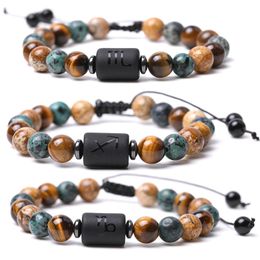 12 Constellation Classic Strands Couple Bracelet Picture Tiger Eye Natural Stone Round Beaded Bangle Drawstring Free Size Healing Bracelets