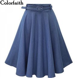 Autumn Winter Fashion Women Skirt Vintage Retro High Waist Pleated Midi Skirt Denim Flared Belt Skirt Saia Femininas SK098 210309