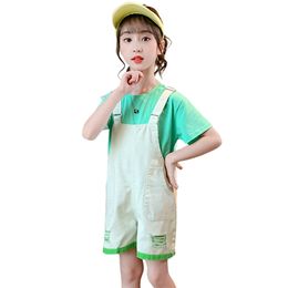 Kids Clothes Patchwork Girls Outfits Tshirt + Jumpsuit For Teenage Summer Kid 6 8 10 12 14 210527