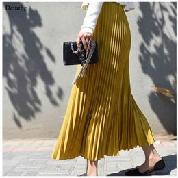 Womens Vintage Pleated Midi Long Skirt Female Korean Casual High Waist Chiffon Skirts Jupe Faldas 18 Colors Autumn SK397 210621