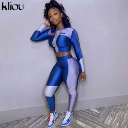 Kliou High elastic print New Seamless Fitness tracksuit Two-piece set Woman long-sleeve top Gym Leggings slim Sportswear Suits Y0625