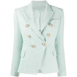 HIGH STREET est Designer Jacket Women's Classic Metal Buttons Double Breasted Tweed Blazer Mint Green 211019