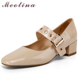 Meotina Mary Janes Shoes Women Natural Genuine Leather Med Heels Buckle Strap Square Toe Pumps Block Heel Female Footwear Black 210608