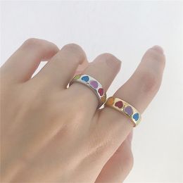 Vintage Boho Colourful Enamel Love Heart Open Rings Cute Simple Gold Silver Colour Band Rings Adjustable Finger Ring for Women Punk Jewellery