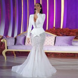 Luxurious White Beading Tassel Arabic Dubai Mermaid Evening Dresses V Neck Long Sleeve Sequined Ruffles Skirt Formal Gowns Prom Party Dress