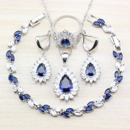 Amazing Women Trendy Accessories Jewelry Sets Blue&White Zircon Bracelet/Ring Earrings Necklace Sets H1022