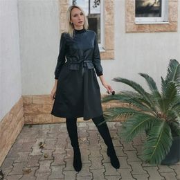 Women Casual Sashes Pu Leather a Line Party Dress Ladies Long Sleeve Stand Collar Elegant Solid High Waist Black Winter Dress Y0118