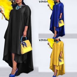 Women Casual 2/3 Sleeve O Neck Irregular Dress VONDA 2021 Spring Asymmetric Hem Pleated Vestidos Plus Size Elegant Robe Femme X0521