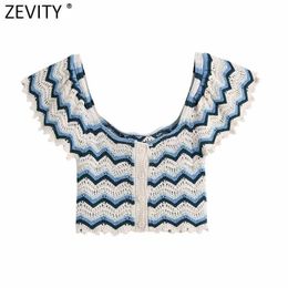 Zevity Women Color Matching Patchwork Hollow Out Crochet Short Knitting Sweater Ladies Casual Ruffles Crop Cardigans Tops SW849 210603