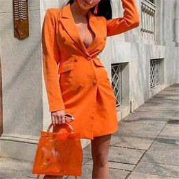 Women Blazers Fashion Autumn Jackets BusinWork Office Lady Suit Slim Female Long Blazer Double Breasted Orange Coat M0012 X0721