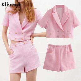 Klkxmyt Za Two Piece Set Women Fashion Jewellery Buttons Texture Pink Short Blazer Jacket And Casual Shorts Sets 210527
