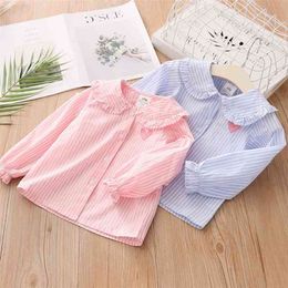 Spring Autumn 2 3 4 6 8 10 Years Children Kids Baby Long Trumpet Sleeve Striped Doll Collar Cotton Blouse Shirts For Girls 210701