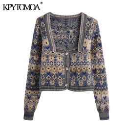 KPYTOMOA Women Fashion Jacquard Cropped Knitted Cardigan Sweater Vintage Long Sleeve Button-up Female Outerwear Chic Tops 210922