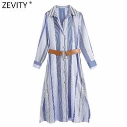 Zevity Women Vintage Contrast Striped Printing Single Breasted Shirt Dress Office Lady Chic Side Split Sashes Vestido DS8207 210603