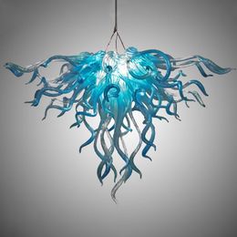 Lampe aus mundgeblasenem Glas in nordischer Qualität im Dale-Chihuly-Stil, Kronleuchterbeleuchtung, aquablaue LED-Unterputz-Pendelleuchte, 24 x 20 Zoll