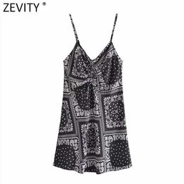 ZEVITY Kadınlar Vintage Patchwork Kaju Fırından Çiçek Baskı Sling Mini Elbise Chic Femme Spagetti Kayışı İpli Yaz Vestidos DS8352 210603