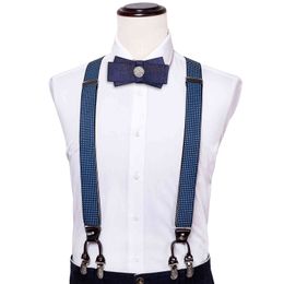 Hi-Tie Adult s Suspender and Bow Tie Pins for Leather 6 Clips Braces Vintage Fashion Blue Dot Elastic Suspenders Men