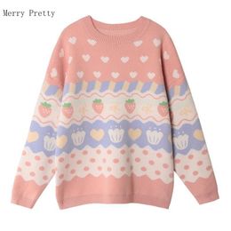 Pink Cartoon Strawberry Embroidery Sweaters Sweet Style Knitted Pullovers Women Winter Thick Warm Sweater Jumpers Girls Top 210918