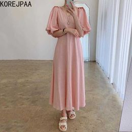 Korejpaa Women Dress Summer Korean Chic Elegant Temperament V-Neck Slimming Solid Color Lantern Sleeves Lace-Up Vestidos 210526