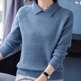 Lapel Long Sleeve Sweater Women Loose Striped Frill Solid Colour Western-style Knitting Pullovers Jumpers Female Spring 210218