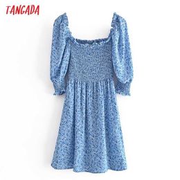 Tangada Summer Women Blue Flowers Print French Style Dress Puff Short Sleeve Ladies Sundress 3W113 210609