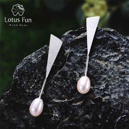 Lotus Fun Real 925 Sterling Silver Natural Pearl Earrings Handmade Fine Jewellery Triangle Water Drop Dangle for Women 210706