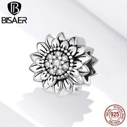 BISAER Retro Sunflower Charms 925 Sterling Silver you are my sunshine Beads Fit DIY Bracelet Necklace For Women Jewellery ECC1507 Q0531