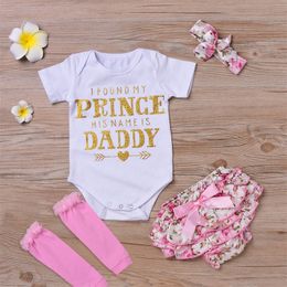 Baby girl 4pcs Clothing Sets Infant INS Romper + floral shorts + Headband + leggings Set I Found My Princess His Name is Daddy 421 U2 204 Y2