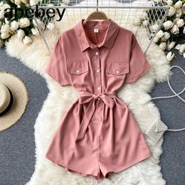 Women Fashion Korean Rompers Turndown-Collar Short Sleeve Sashes Jumpsuit Women Casual Streetwear Short Playsuits 210715