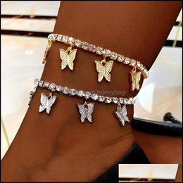 Anklets Jewelry Butterfly Shiny Tennis Iced Out Crystal Anklet Man-Made Diamond Fashion Ankle Female Ornament Sier Plated Drop Delivery 2021