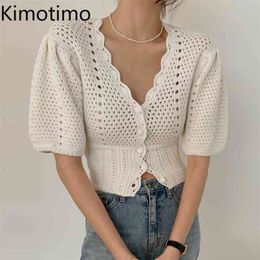 Kimotimo Solid Cardigan Women Korean Chic Temperament V Neck Single Breasted Waist Sweater Puff Sleeve Hollow Out Ladies Tops 210805