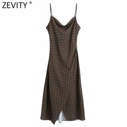 Zevity Women Vintage Slash Neck Polka Dots Print Sling Vestido Ladies Spaghetti Strap Back Buttons Chic Party Dresses DS4638 210603