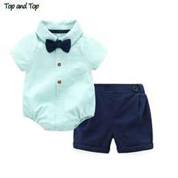 Top and Top Summer Baby Boys Gentleman Striped Clothes Sets Cotton Short Sleeve Rompers Shirts + Shorts + Bow Tie 3pcs/set 210309