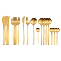 24Pcs Matte Gold Dinnerware Set 18/10 Stainless Steel Knife Fork Spoon Cutlery Kitchen Silverware Flatware Tableware 211229