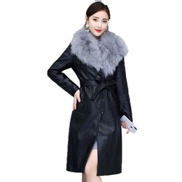 Women's Jackets Leather Jacket Winter 2022 Plus Velvet Warm Slim Big Fur Collar Long Coat Female Outerwear With Belt M-4XL