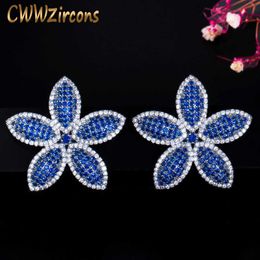 Fashion Flower Design Bold Dark Blue Cubic Zircon Big Stud Earrings for Women Luxury Summer Party Jewelry CZ689 210714