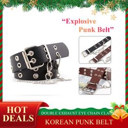 Belts Fashion Women Belt Genuine Leather Punk Style Pin Buckle Jeans Decorative Retro Alloy Chain Double Hole Adjust