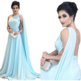 Elegant Saudi Arabic kaftans Formal Evening Dresses One Shoulder Light Sky Blue Pleated 2021 Illusion Back Mothers Womens A Line Prom Dress Special Occasion Gowns