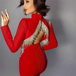 High Quality Red Black Sexy Fashion Sparkly Backless Diamonds Tassel Rayon Bandage Dress Cocktail Party Vestidos 220210