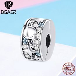 BISAER 925 Sterling Silver Planet Earth Beads Star CZ Clip Stopper Charms fit Bracelets Silver Beads for Jewellery Making ECC985 Q0531