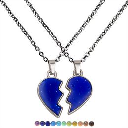 Combination Friend Broken Heart Necklace Pendant Mood Color Changing Temperature Sensing Necklaces Women Children Fashion Jewelry Will and Sandy