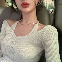 Fake Two-Piece Halter White Sweater Women's Autumn Long Sleeve Slim Tight Bottoming Top 210907