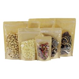 50Pcs Clear Kraft Paper Zip Lock Stand Up Bag Tear Notch Reusable Zipper Grip Seal Food Doypack Cookies Snack Storage Pouches