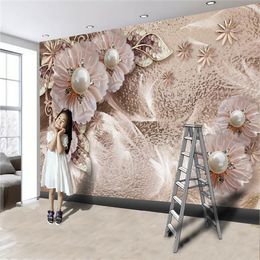 3d Wallpaper Living Room Grey European Three-dimensional Embossed Flower TV Background Wall Silk Mural Wallpaper