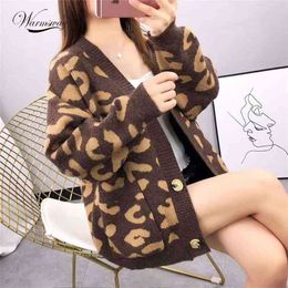 Harajuku Oversized Sweater Autumn Winter Leopard Cardigan Casual Loose Female Knitted Open Stitch V-neck Jumper C-221 210918