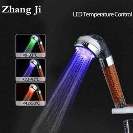 ZhangJi 3 Colors LED SPA Shower Head Temperature Sensor Light Water Flow Generator Shower Head Water Saving Filter Bath Fixture H1209