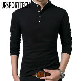 URSPORTTECH Solid Colour T Shirt Men Long Sleeve Polo T Shirt for Men Casual Oversize Cotton Tops&tees Mandarin Collar Long Shirt 210528