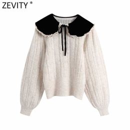 Zevity Women Sweet Velvet Collar Lace Ruffles Patchwork Knitting Sweater Female Chic Long Sleeve Casual Slim Pullovers Tops S513 210603